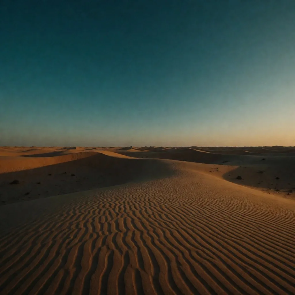 Desert landscape at dusk under a deep teal sky