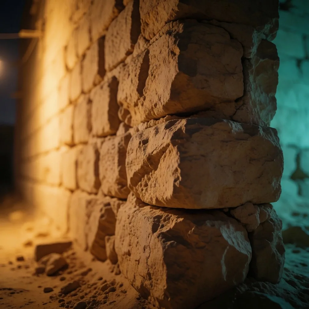 Limestone wall texture at night with faint neon glow