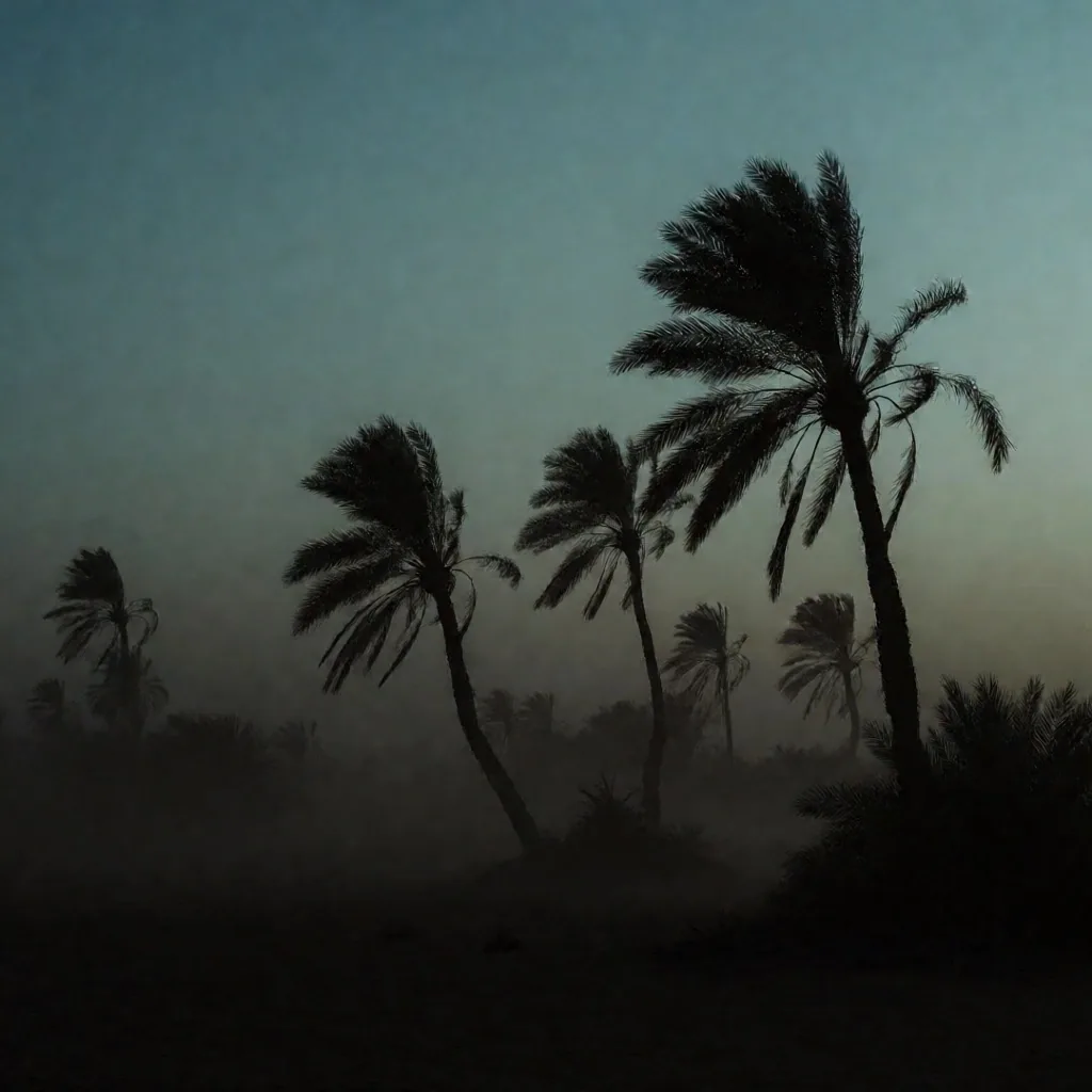 Palm tree silhouettes against a deep teal night sky