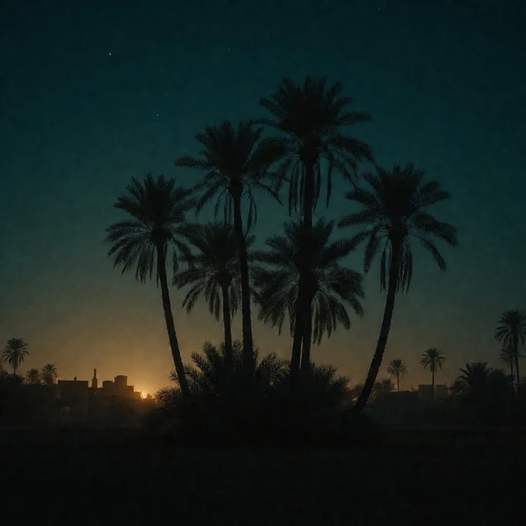 Palm tree silhouettes against a deep teal midnight sky