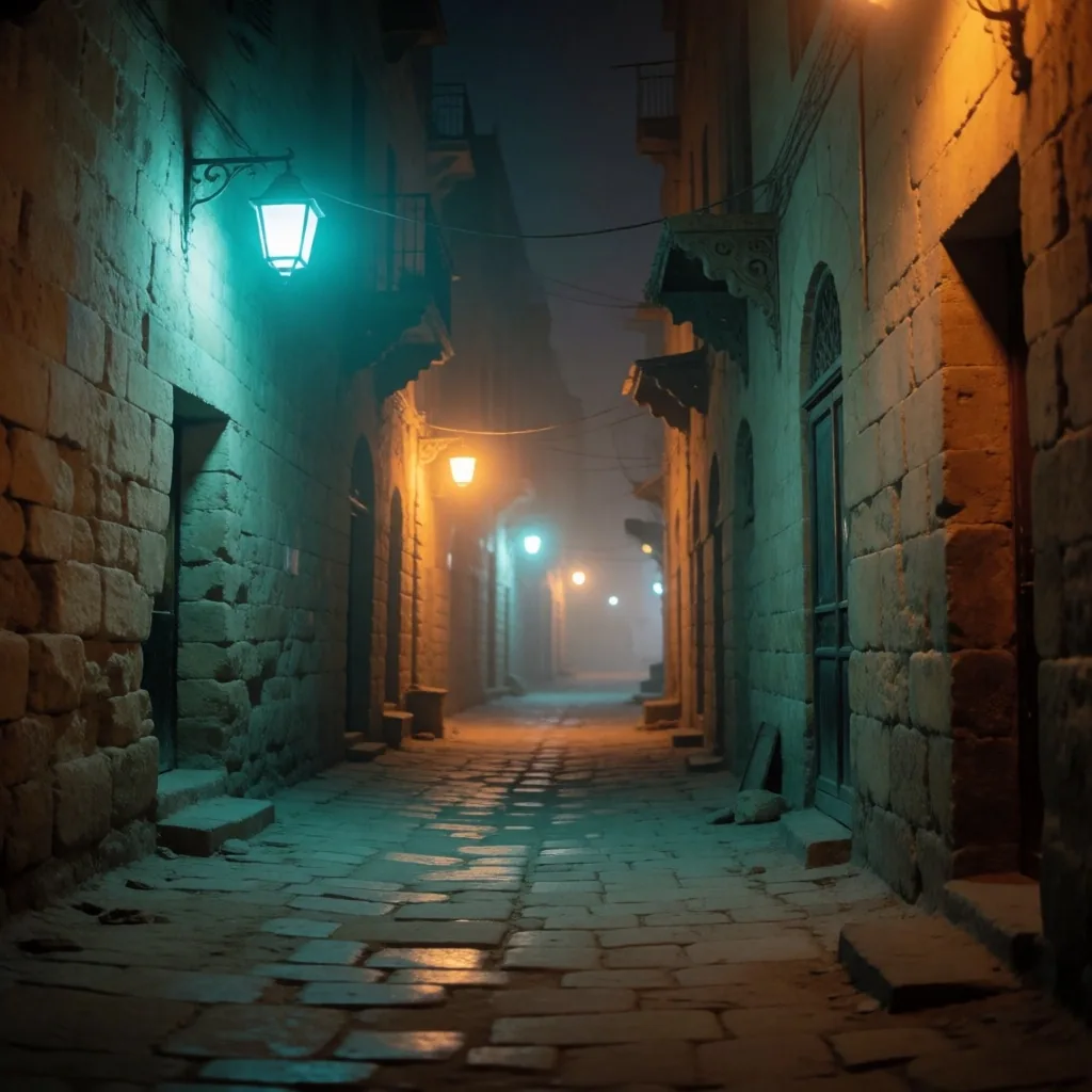 Quiet Cairo street at night with soft neon reflections
