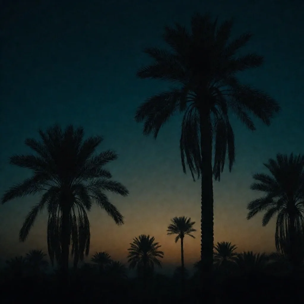 Palm tree silhouettes against a deep teal night sky