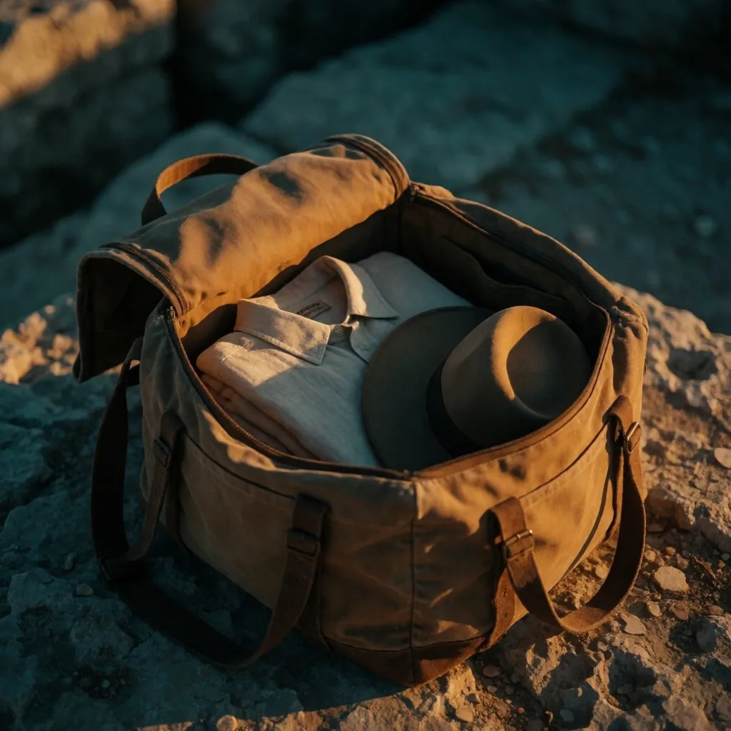 An open travel bag on stone ground at dusk