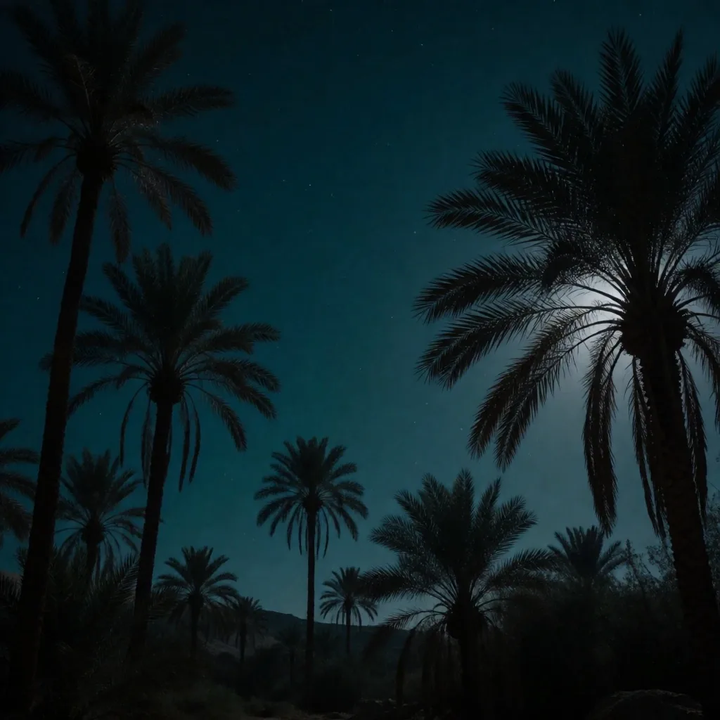 Palm tree silhouettes against a deep teal midnight sky