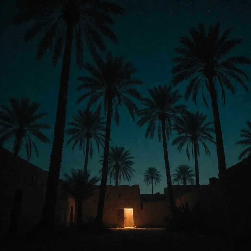 Palm silhouettes against a deep teal night sky