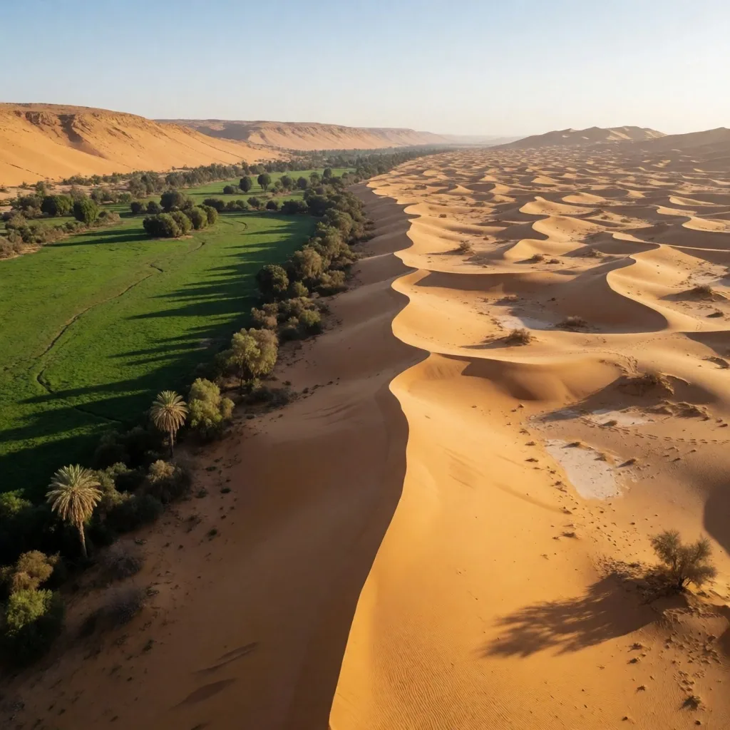 Contrast between fertile riverbanks and arid desert plateau