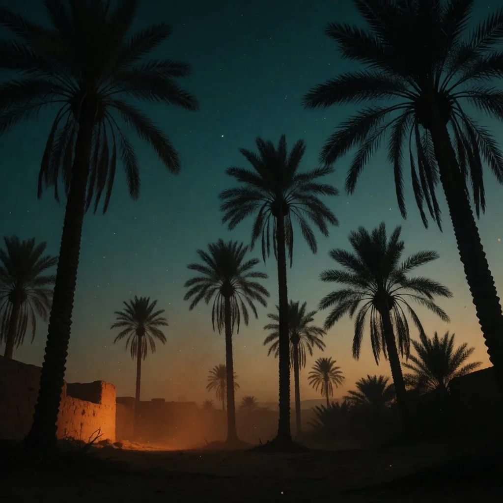 Palm tree silhouettes at dusk with distant illuminated signage