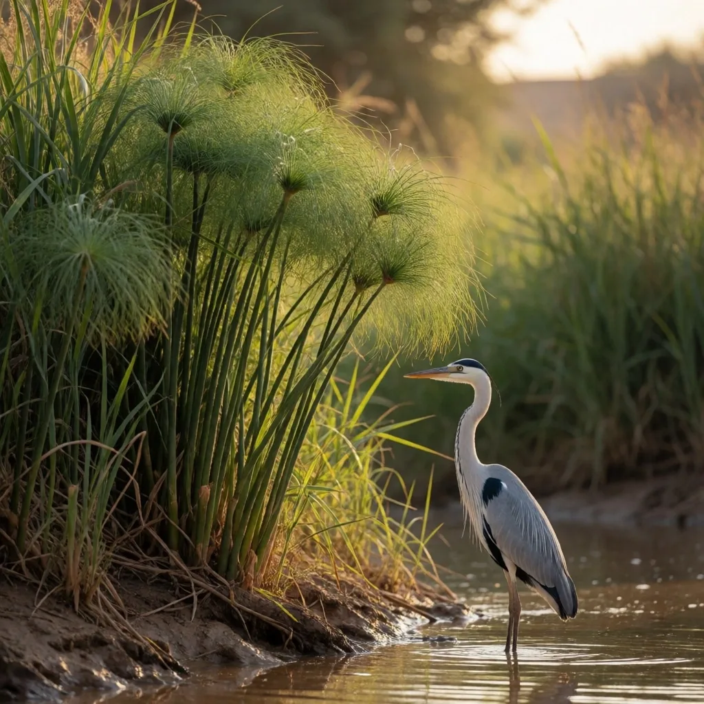 Water birds and reeds along a riverbank at twilight