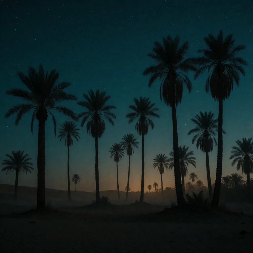 Palm tree silhouettes against a deep teal night sky