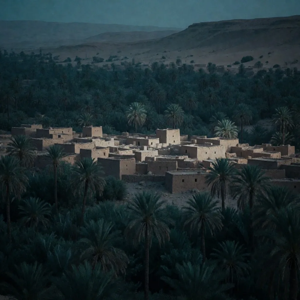 An oasis settlement with palms and traditional buildings at night