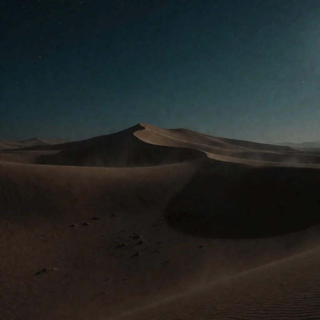Desert dunes under a dark teal night sky