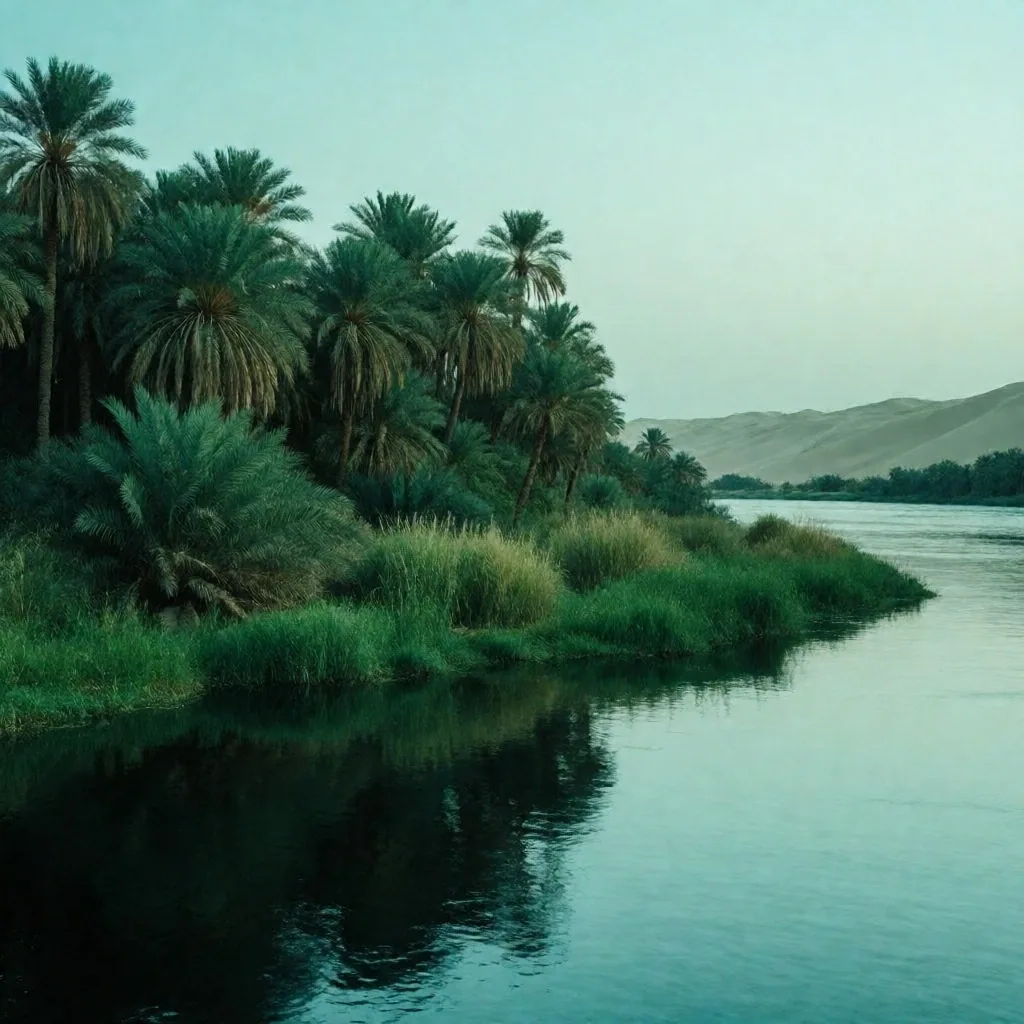 Palm trees and vegetation along a riverbank at dusk