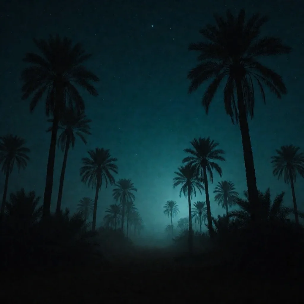 Palm tree silhouettes against a deep teal night sky