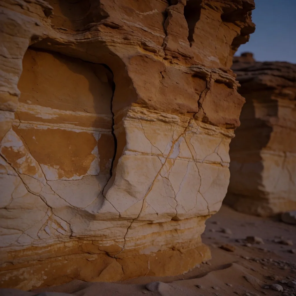 Weathered limestone cliff face at dusk