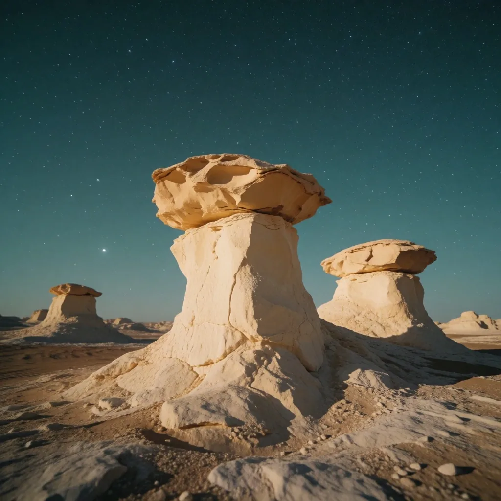 White chalk formations in the desert at night