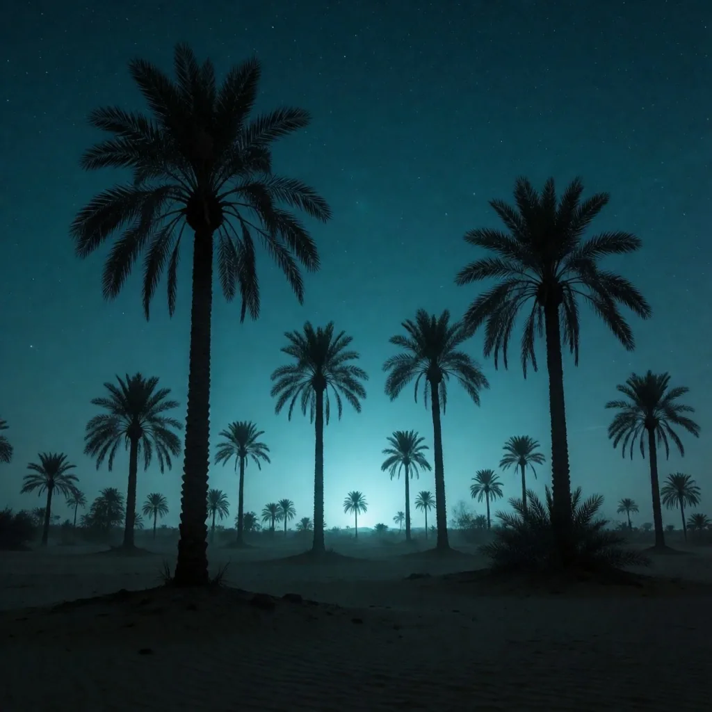 Palm silhouettes against a deep teal night sky over the Cairo area