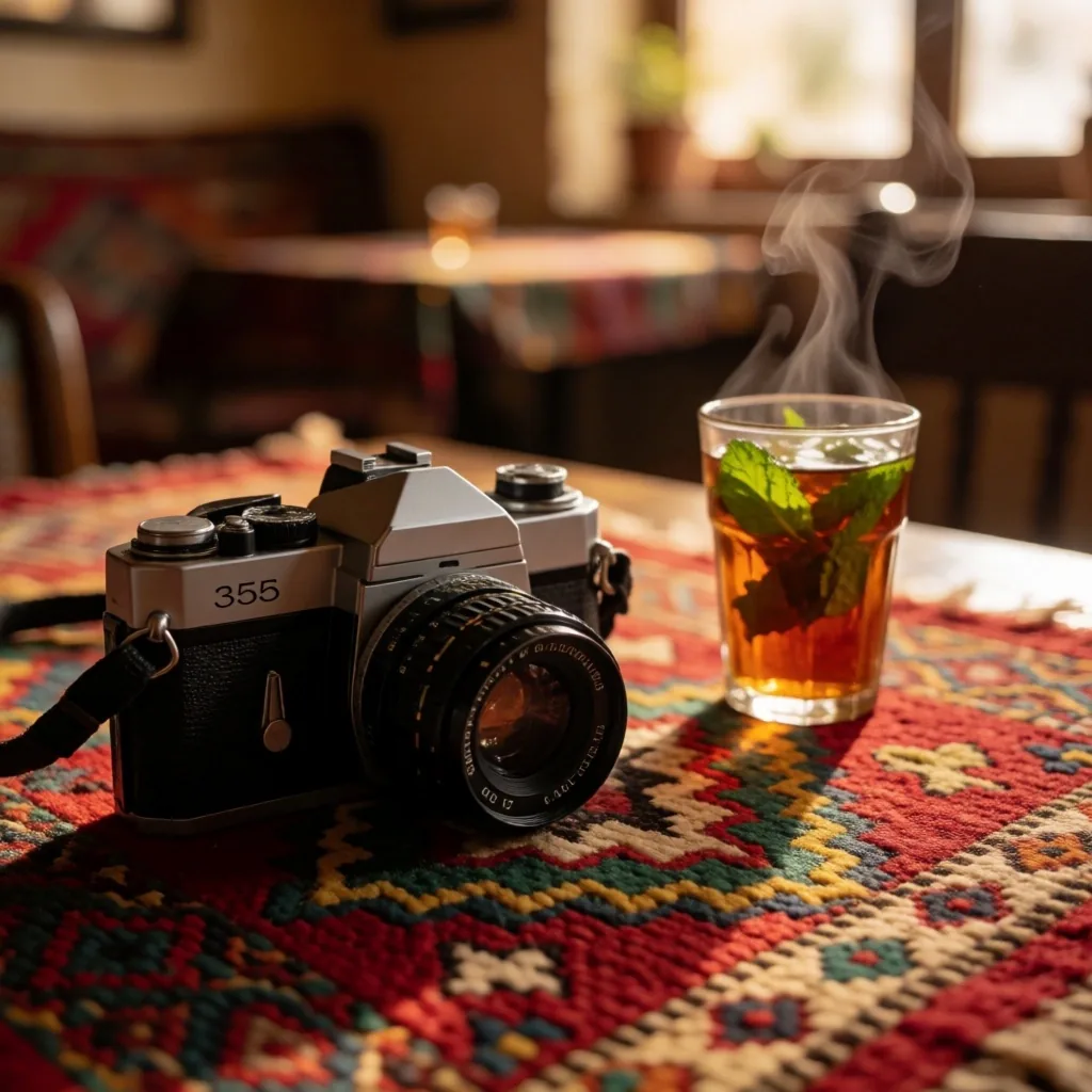 Camera resting on woven cloth
