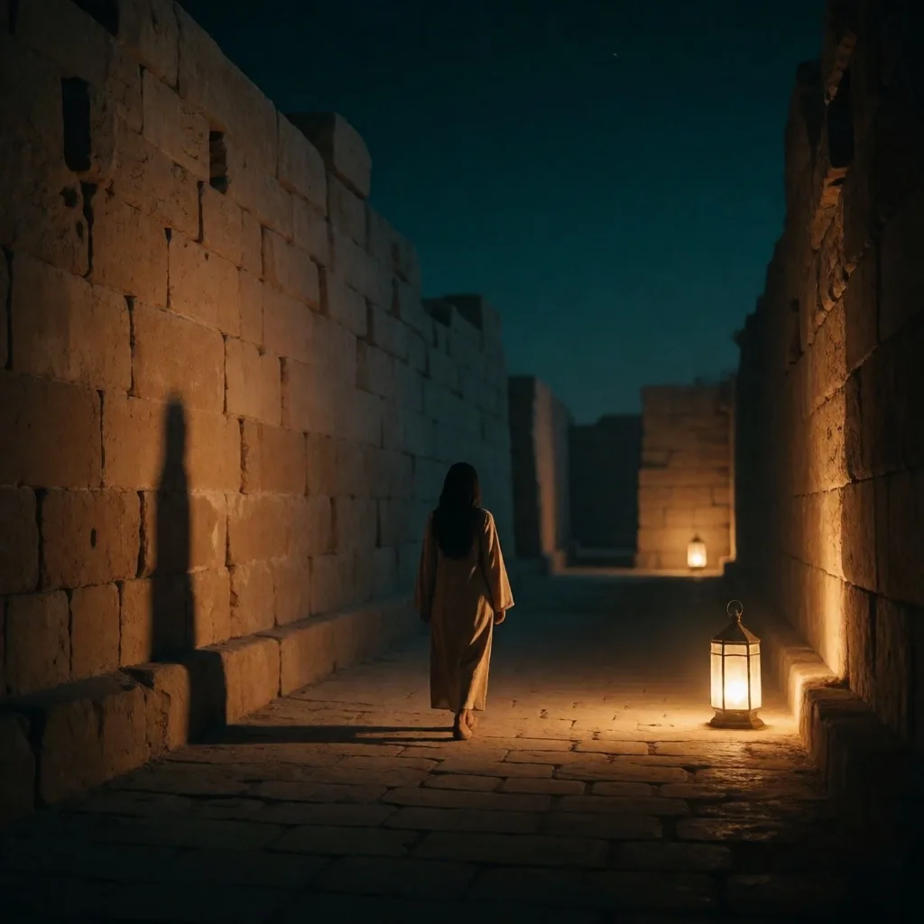 Solo traveller in a stone corridor at night