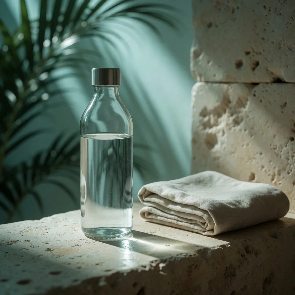 Water bottle and cloth on stone ledge